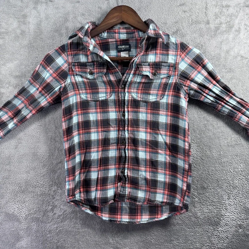 OshKosh Bgosh Boys Flannel Button Up Shirt Size 10 Orange White Plaid Holiday